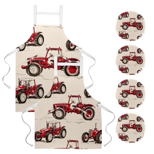 Lot de 2 tabliers de cuisine avec motifs tracteurs rouges vintage style multicolore