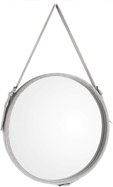 Beautify Grey Round Wall Hanging Mirror Decorative Velvet Strap Beauty Vanity Mirror Suitable for Dressing Room, Bedroom, Living Area, Hallway - 40 x 40cm