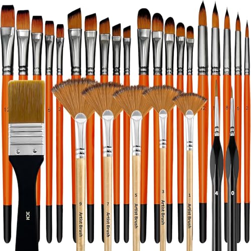 28PCS Professional Watercolor Gouache Painting Nylon Hair Birch Handle Brushes Round Filbert Flat Fan Angle Detail Drawing Kits Art (3)