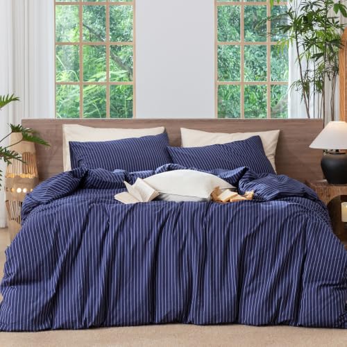 Image of MooMee Striped Duvet Cover Set 100% Washed Cotton Linen Like Queen | Relaxed Linen-like Texture. Soft, Breathable & Long-lasting Comfort. Lightweight. Hidden Zipper with 8 Interior Corner Ties