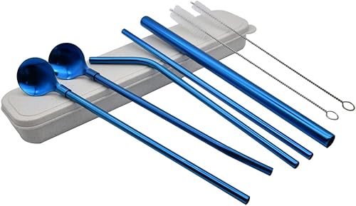 Miniatura 9 de Hoshen Juego de 7 cucharas de paja de acero inoxidable negro, popote reutilizable de 8.5 pulgadas, con estuche de transporte