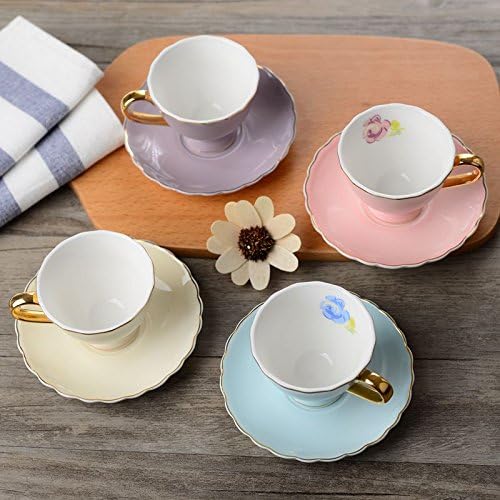 YBK Tech Euro Style Coffee Bar Espresso Cup and Saucer Set of 4 Bone China Porcelain Tea Coffee Cup for Home Kitchen Tea Party (4 assorted color/set) (90ml)