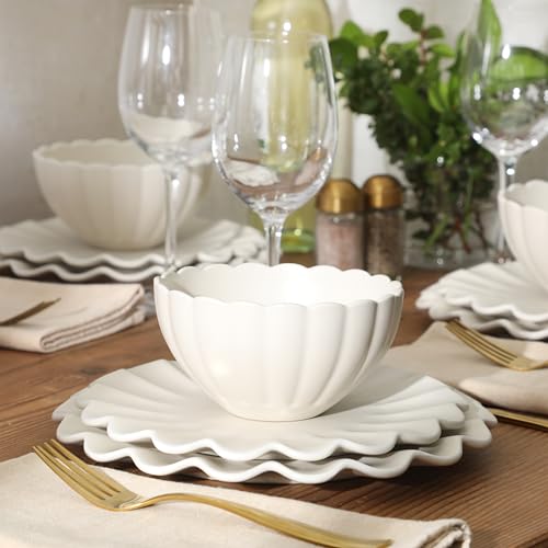 Image of Gibson Elite Bistro Fleur Plates and Bowls Sets, 12-Piece Stoneware Dinnerware Set for 4, Ivory White Scalloped Dish Set with Dinner Plates, Salad Plates & Bowls