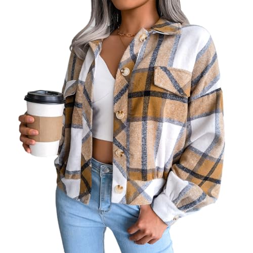 Aluxora Cropped Flannel Jacket,Aluxora Cropped Plaid Flannel Jacket,Long Sleeve Button Down Coat Tops for Woman