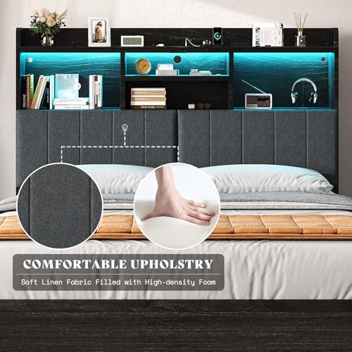 AMERLIFE Queen Size Platform Bed with 4 Drawers, 51.2 LED Frame, Upholstered Bookcase Headboard, Charging Station, Rustic Black
