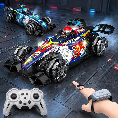 Image of VGRASSP Dual Control Big RiseX Drift Stunt Mist Car Toy for Kids with Lights, Music - Rechargeable 360 Rotating RC Smoke Car with 2.4GHz Remote Control and Gesture Wrist Controller - Multicolor
