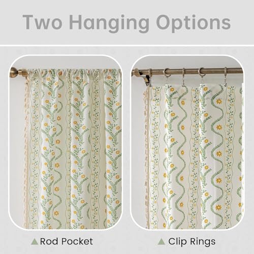 Image of Boho Curtains 96 Inch Long for Living Room, Bedroom,Yellow Flower| Sage on White 2 Panels Floral Farmhouse Vintage Tassel Light Filtering Privacy Window Curtain Drapes with Rod Pocket