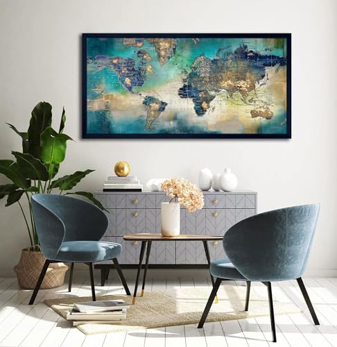 Image of Large World Map Canvas Prints Wall Art for Living Room Office inch29x58 inch Green World Map Picture Artwork Decor for Home Decoration Black Framed Wall Art