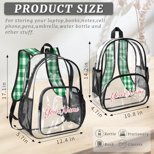 Personalized Large Clear Backpack Stadium Approved Heavy Duty PVC Plastic Custom Green and White Checkered Transparent Backpacks See Through Bag with Name, Plaid Design4