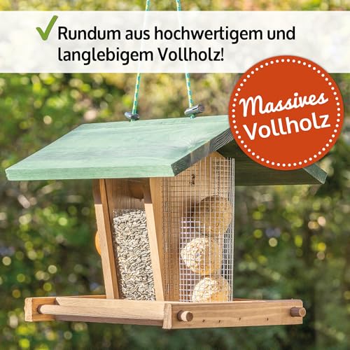 zooprinz Vogelhaus zum aufhängen – Vogelfutterspender mit stabilen Sitzstangen und Schutz-Dach für Wildvögel – witterungsbeständig und langlebig – Mit Seil