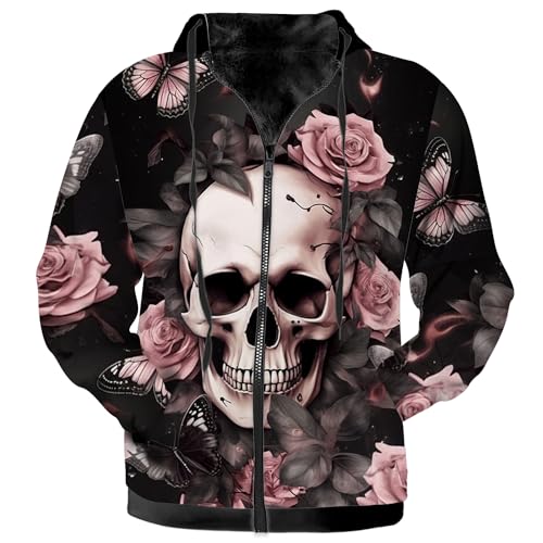 Zip Up Hoodies for Women Men Skull Print Fleece Winter Jacket Hooded Sweatshirt Gifts for Her,Him3