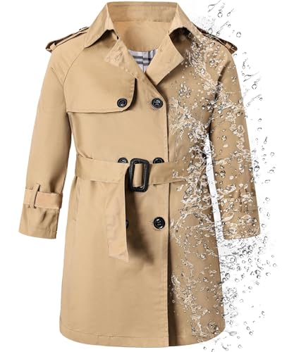 Betusline Boys Waterproof Trench Coat Rain Jackets Double Breasted Classic Belted Overcoat Outwear Dress Coats,1# khaki,7-8 Years = Tag 140