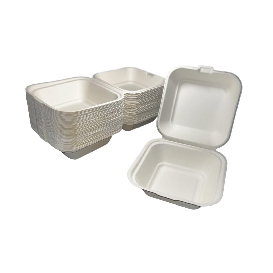 PBK - Paquete de 50 cajas de hamburguesas de bagazo (6 x 6 pulgadas), 450 ml, biodegradables, compostables y desechables para llevar (6 x 6 pulgadas, paquete de 50 unidades)