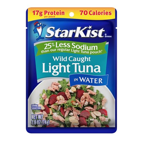StarKist Light Tuna in Water 25% Less Sodium Pouch (2.6 oz - 1 Pack) Ready to Eat, Wild Caught, High Protein Shelf Stable Seafood, Gluten Free, Soy Free, No Draining for Salads and Sandwiches