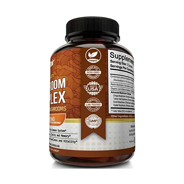NutriFlair-Mushroom-Supplement-2600mg-90-Capsules-10-Mushrooms-Reishi-Lions-Mane-Cordyceps-Chaga-Turkey-Tail-Maitake-Shiitake-Nootropic-Complex-Brain-Energy-Focus NutriFlair Mushroom Supplement 2600mg, 90 Capsules - 10 Mushrooms Blend - Reishi, Lions Mane, Cordyceps, Chaga, Turkey Tail, Maitake, Shiitake, Oyster Nootropic Complex - Brain, Energy, Focus Pills