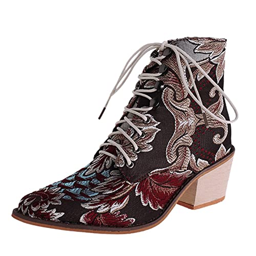 Bottines broderies antidérapantes à talon bas carré pour femme