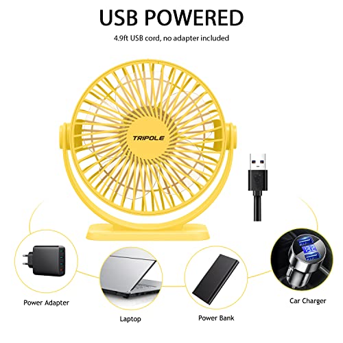 Tripole Small Desk Fan Usb Powered Portable Fan Strong Airflow 3 Speeds Mini Fan 360°Rotation Personal Fan 5.1 Inch Table Fan For Home Office Bedroom Desktop, Yellow, 4.9Ft Cable #TOP3
