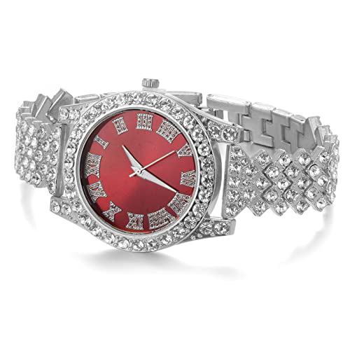 Image of Halukakah Diamonds Gold Watch Iced Out, Kid's 18K Real Gold /Platinum White Gold Plated 36MM Width Green /Blue /Red Dial Quartz Wristband 8 inch with Cuban Link Chain 7 inch+16 inch Bracelet, Free Giftbox