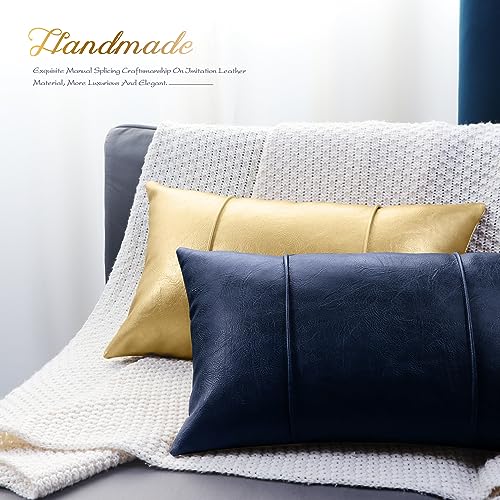 Image of BRAWARM Navy Blue Leather Throw Pillow Covers 12 X 20 Inches - Faux Leather Lumbar Pillow Cover with Piping, Hand Stitched Leather Throw Pillow for Couch Sofa Bed Living Room Home Decorative