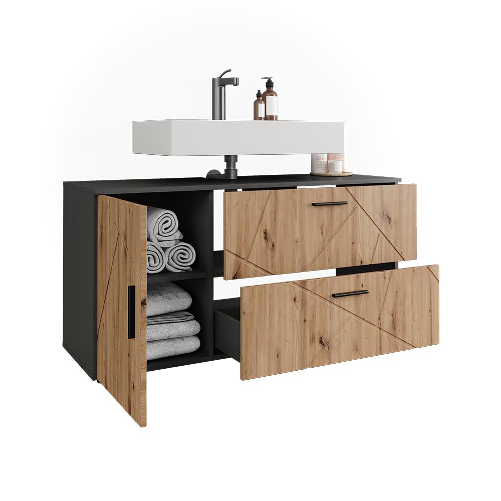 Vicco Waschbeckenunterschrank Irma, Anthrazit/Goldkraft Eiche, 120.1 x 60.6 cm mit 2 Schubladen und 1 Tür, geeignet für handelsübliche Waschtische mit Siphonausschnitt
