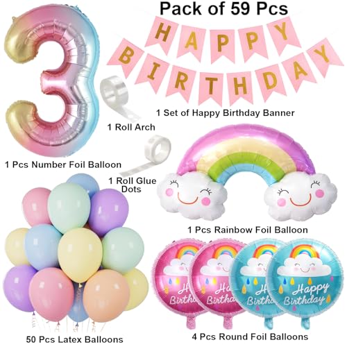 Image of 3rd Birthday Decoration Kit with Number 3 Foil Balloon, Rainbow Theme Birthday Decoration for Baby Girl and Baby Boy for Third Year Party Decor Set of 59 Pcs
