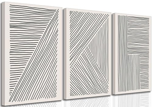 3 Pieces Minimalism Abstract Boho Lines Canvas Wall Art Modern Black and White Neutral Bohemia Geometric Pictures Wall Decor Posters Print Artwork for Living Room Bedroom Office Home Decoration