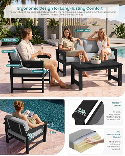 Image of SERWALL HDPE Outdoor Loveseat with Cushion, Outdoor Sectional Furniture Set | All Weather Use Patio Couch Sofa，Black Frame with Grey Cushions