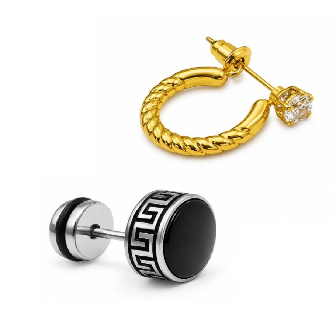 Combo of Men Silver Round Black Stud & Golden Rope Hoop Earrings, Durable Finish, Everyday & Outing Wear-image-23