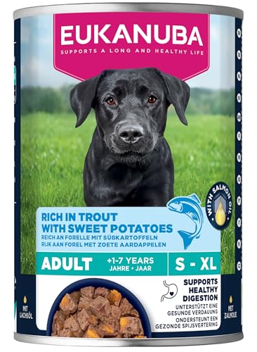 Eukanuba Hundefutter Nass mit Forelle und Süßkartoffeln, Getreidefreies Premium Nassfutter für ausgewachsene Hunde, 6 x 400 g Dosen