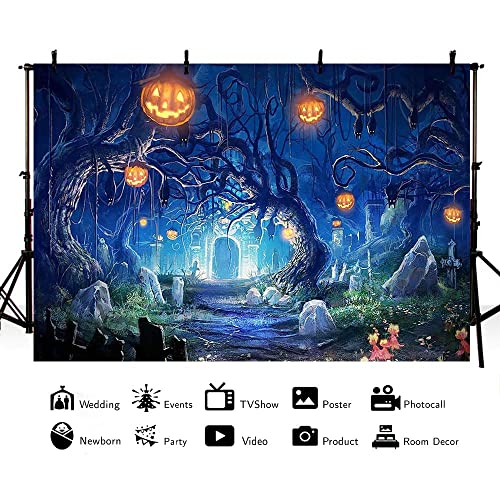 Aibiin 7X5Ft Blue Happy Halloween Photo Backdrop Scary Forest Halloween Backdrops For Photography Fall Pumpkin Horror Cats Tomb Building Halloween Decorations Background Cake Smash Banner Studio Props #TOP3