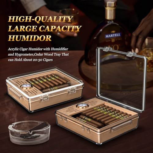 Image of Acrylic Cigar Humidor, Clear Cigar Box with Hygrometer, Humidifier and Cedar Wood Tray, Desktop Cigar Case Can Hold About 20-30 Cigars (Clear)