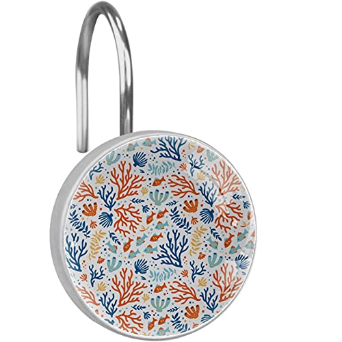 Crochets de rideau de douche robustes en inox décor poissons coralliens durables