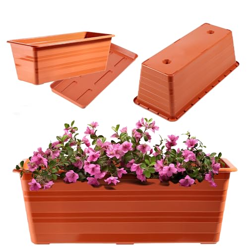 KADAX Blumenkasten 40 cm mit Untersetzern Terracotta, Balkontopf aus...