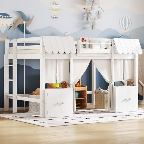 Image of Full Loft Bed with Built-in Bookshelf, Curtain, Storage Shelf and Amusement Park-Inspired Playful Design Safety Guardrails, Fairy Tale Cottage Kids Bed (White5, Full)