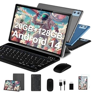 SUAAT Newest Tablet Android 14 10 Pollici 20GB RAM+128GB ROM(1TB TF), WiFi 6,Octa-Core,1.8Ghz, GMS, 8MP + 5MP, Bluetooth 5.0,OTG, Cast, Tablet PC con Custodia, Tastiera e Mouse, Grigio