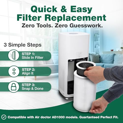 Image of Think Crucial Air Purifier Filter Replacement Compatible with Air Doctor AD1000 - Includes Efficient Air Filter, 1 Carbon Gas Trap Filter, and 1 Pre-Filter for Home and Office - Third Party Product
