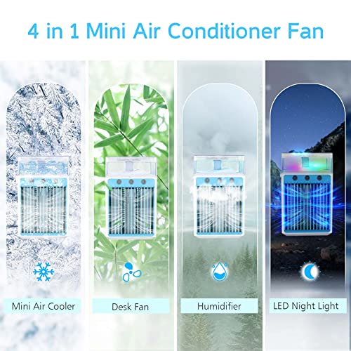 mini climatiseur portable, 4 en 1 usb mini climatiseur portable refroidisseur d'air avec 3 modes de vitesse du vent, ventilateur ac brumisateur avec 7 lumières led changeantes pour chambre maison
