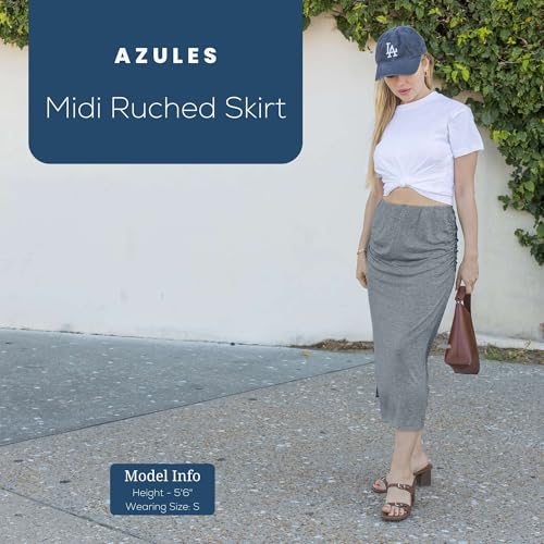 Image of Azules Women's Stretchy Midi Skirt, Ruched Bodycon Jersey Knit Skirt with Side Slit Pull-On High Waist Fit