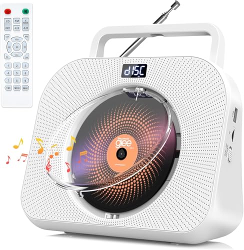 Greadio Tragbarer CD Player mit Bluetooth, Desktop CD Spieler für Zuhause, FM-Radio, HiFi-Lautsprecher, Zeitanzeige, USB, TF-Karte, AUX, Fernbedienung, Wecker, Sleep Timer (Weiß)