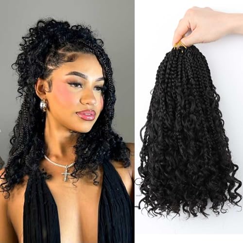 Goddess Box Braids Crochet Hair -12 inch Crochet Box Braids Pre Looped 8 packs Boho Box Braids Crochet Hair Curly Ends,Bohomian Box Braid Crochet Hair for Black Women