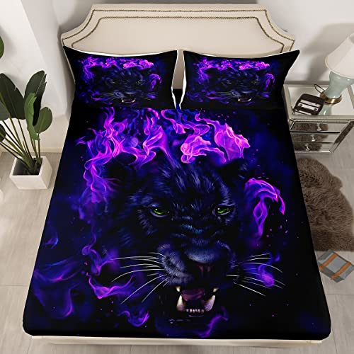 Leopard Bed Sheets Black Panther Bed Sheet Set For Kids Boys Girls Safari Cheetah Bedding Set Blue Fire Wild Animal Decor Fitted Sheet Room Decor 3Pcs Full Size #TOP1