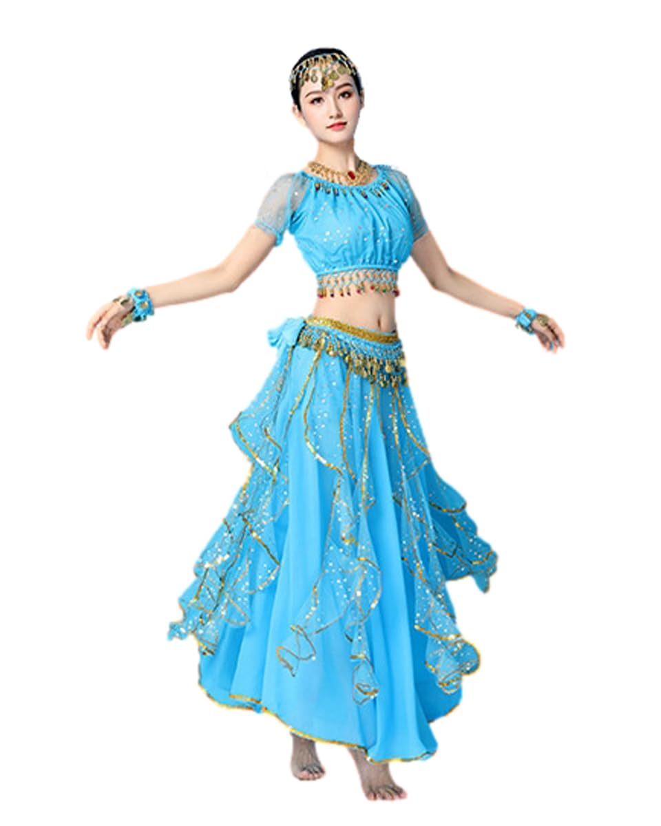 Bollywood Indian Womens Arabian lace Ribbon Belly Dance 3-Piece Dress Girl Costume (top/Skirt/Belt Scarf) (Cyan, M) — image 1