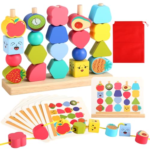Kievano Giochi Montessori 2 Anni in Legno per Bambini – Infilare Perline Frutta, Impilare Blocchi, Classificare Forme...
