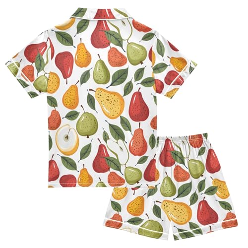 ALAZA Colorful Tropical Fruit Pear Leaves Pajamas Satin Pajama Set Short Sleeve Button Down Sleepwear2