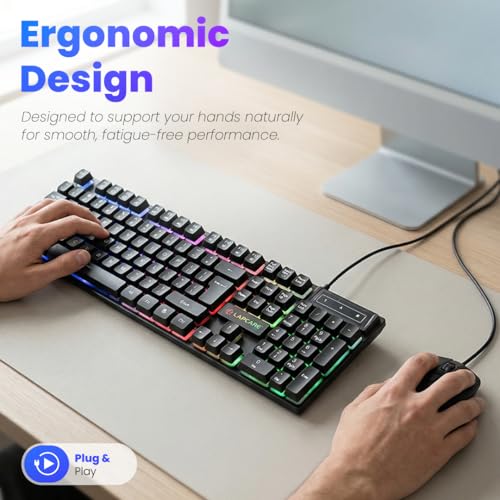 Image of LAPCARE Rapido II Wired Gaming Keyboard & Mouse Combo with Rainbow LED Backlit, 104 Laser Printed Keys, 1600 DPI Gaming Mouse, USB Plug & Play, Windows Compatible