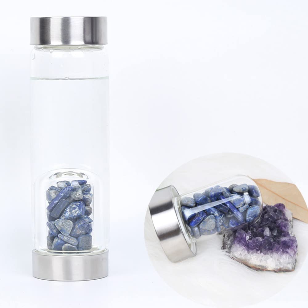 Botella De Agua De Cristal Natural Botella De Agua Con Piedras Preciosas De Cuarzo Healing Elixir Point Reiki Copa De Piedra De Grava Con Gemas Removibles Y Funda Protectora ( Color : Lapis lazuli )