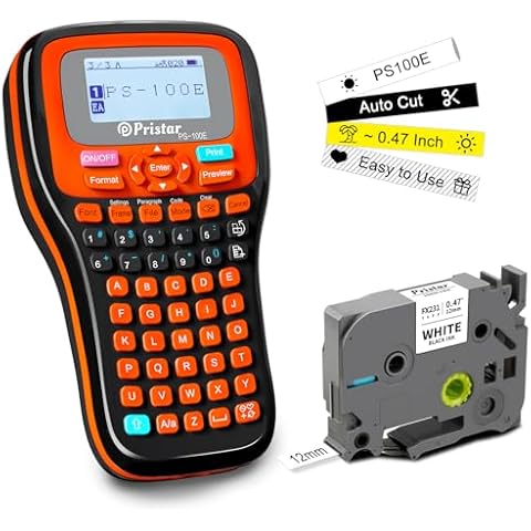 Pristar PS-100E Label Maker Machine with 1 Tape, Auto-Cut Portable Handheld Label Maker, Thermal Transfer Printing, Rechargeable Label Printer with Keyboard for Office/Home/School Organization, Orange Cover