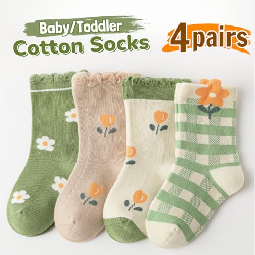 4 Pairs Toddler Baby Girl Boy Kids Socks, Green Cute Flower Soft Cotton Crew Socks, 0~5T2