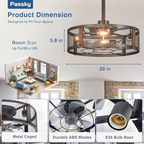 Image of Passky 20 Inch Farmhouse Caged Ceiling Fans with Lights and Remote, Black Downrod Mount Bladeless Fandelier, 6 Speeds Bladeless Ceiling Fan Light for Bedroom, Kitchen, Living Room, Indoor