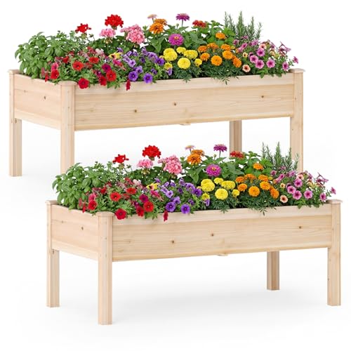 COSTWAY Set 2 Huerto Urbano Terraza, Mesa de Cultivo Elevada de Madera de Abeto para Verduras, Frutas, Flores y Hierbas, Jardinera Exterior y Interior para Balcón, Patio y Jardín, Carga de 60 kg